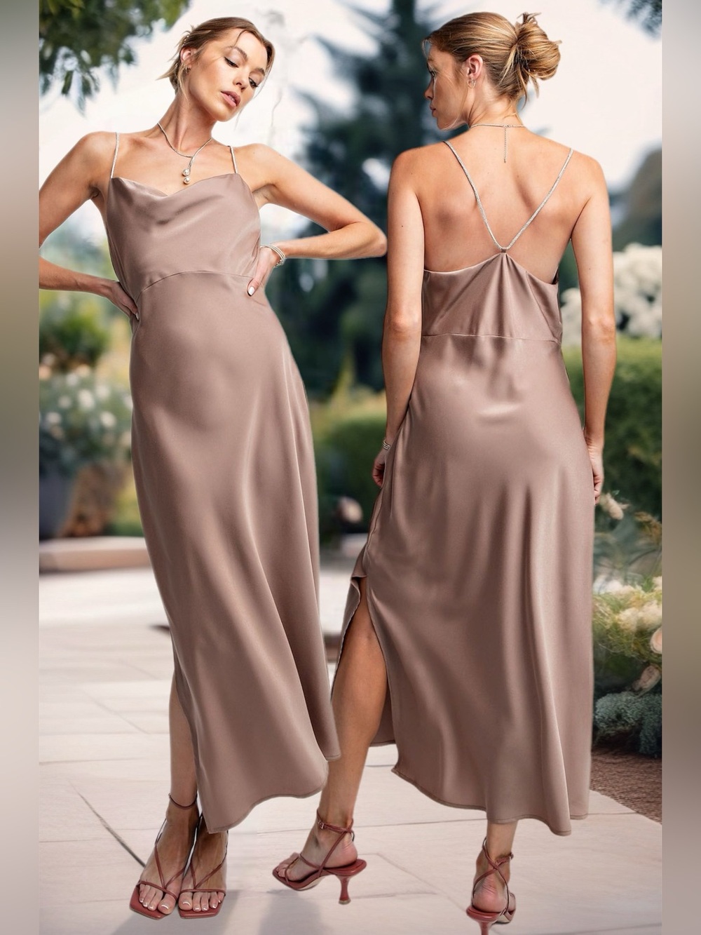 Easel The Gilded Hour Satin Cowl Neck Midi Slip Dress Bridesmaid Tan New Medium